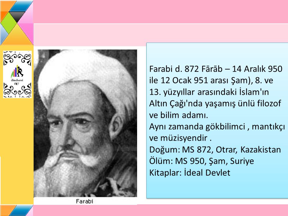 Farabi d. 872 Fārāb – 14 Aralık 950 ile 12 Ocak 951 arası Şam), 8