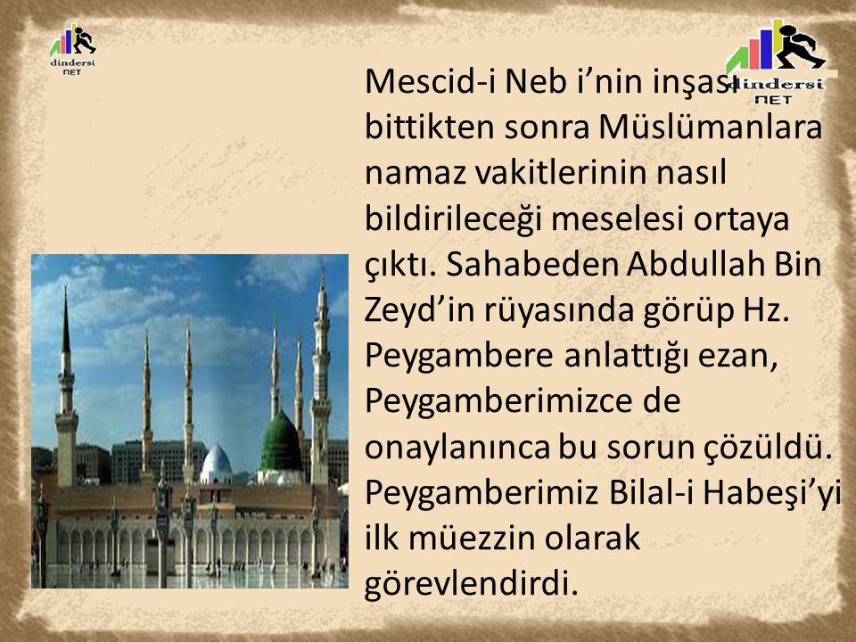 Mescid-i Neb i’nin inşası bittikten sonra Müslümanlara namaz vakitlerinin nasıl bildirileceği meselesi ortaya çıktı.