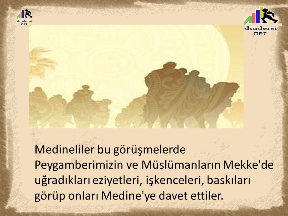 Medineliler bu görüşmelerde Peygamberimizin ve Müslümanların Mekke de uğradıkları eziyetleri, işkenceleri, baskıları görüp onları Medine ye davet ettiler.