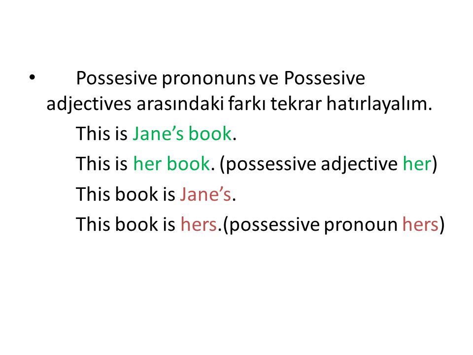 Possesive prononuns ve Possesive adjectives arasındaki farkı tekrar hatırlayalım.