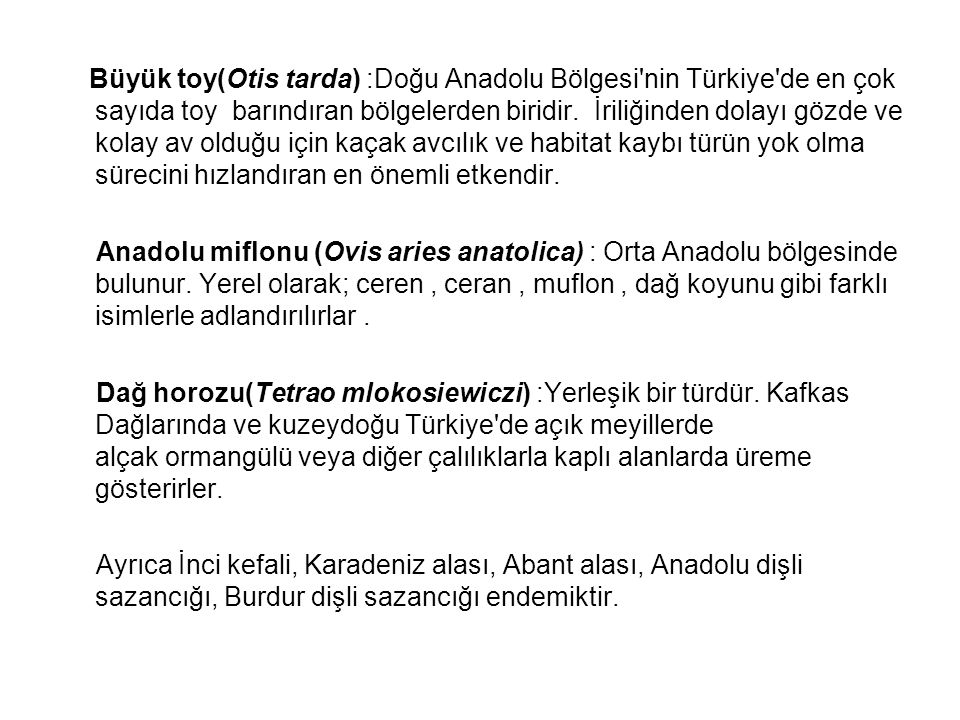 Büyük toy(Otis tarda) :Doğu Anadolu Bölgesi nin Türkiye de en çok sayıda toy barındıran bölgelerden biridir. İriliğinden dolayı gözde ve kolay av olduğu için kaçak avcılık ve habitat kaybı türün yok olma sürecini hızlandıran en önemli etkendir.