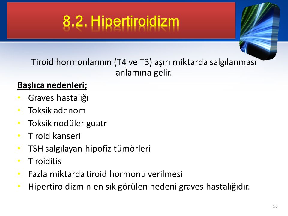 8.2. Hipertiroidizm Tiroid hormonlarının (T4 ve T3) aşırı miktarda salgılanması anlamına gelir. Başlıca nedenleri;