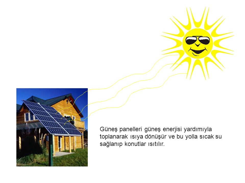 Güneş panelleri güneş enerjisi yardımıyla toplanarak ısıya dönüşür ve bu yolla sıcak su sağlanıp konutlar ısıtılır.