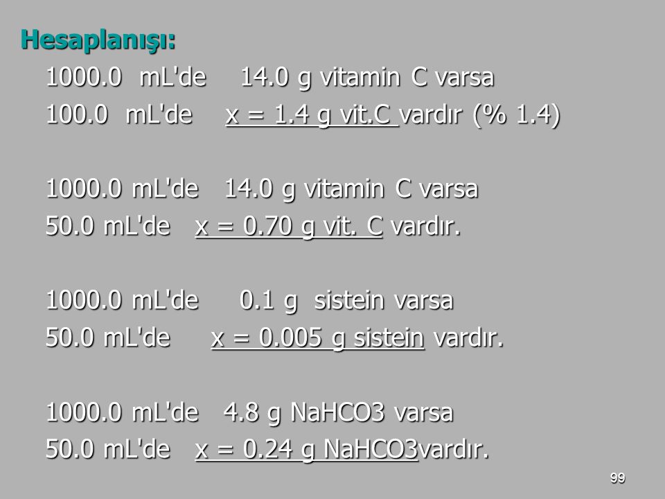 Hesaplanışı: mL de 14.0 g vitamin C varsa mL de x = 1.4 g vit.C vardır (% 1.4)