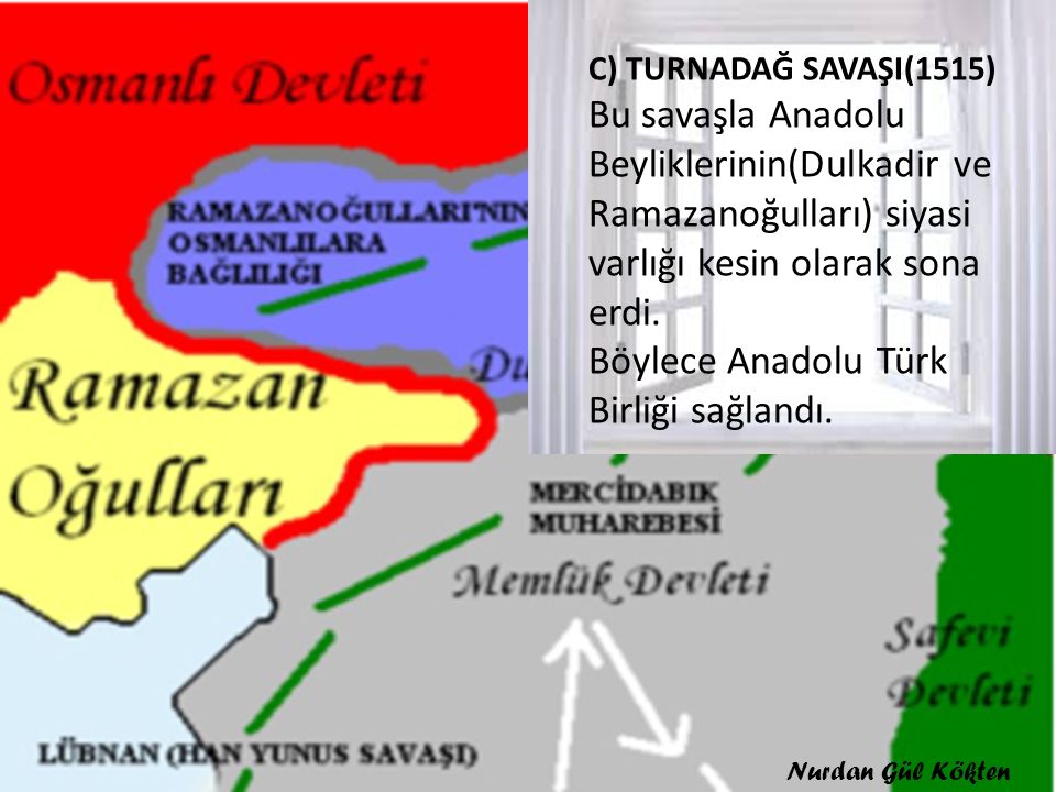 C) TURNADAĞ SAVAŞI(1515) Bu savaşla Anadolu Beyliklerinin(Dulkadir ve Ramazanoğulları) siyasi varlığı kesin olarak sona erdi. Böylece Anadolu Türk Birliği sağlandı.