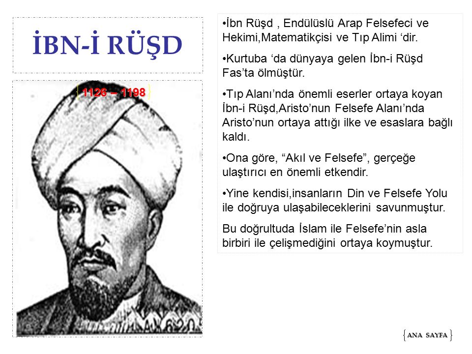 İbn Rüşd , Endülüslü Arap Felsefeci ve Hekimi,Matematikçisi ve Tıp Alimi ‘dir.